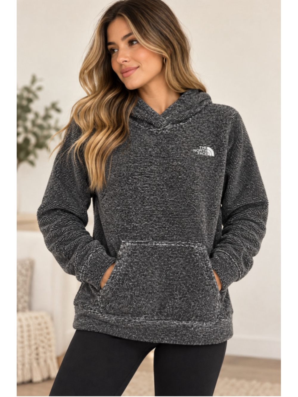The North Face Women's M Dark Gray Textured Fleece Pullover Hoodie Kangaroo Pock